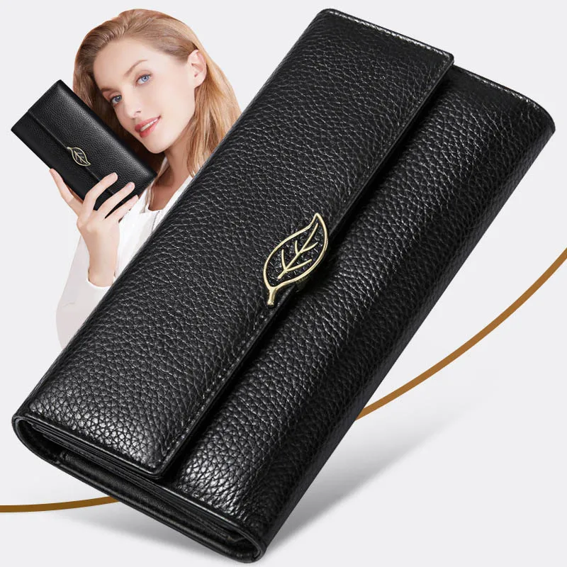 

RFID Blocking Safe Genuine Leather Long Wallet for Women Luxury Hasp Clutch Purse Coin Card Holder with Metal Leaf Decoration
