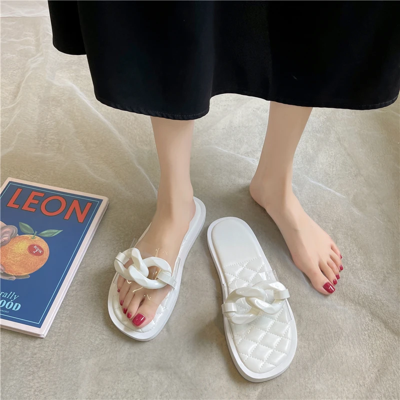 

2021 Summer New Style Fashion Sexy Roman Style Transparent Chain Decoration Flat Outdoor Female Slippers Plus Size Beach Slipper