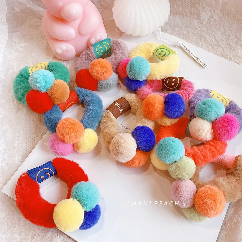 

Cute Smiley Hair Circle Three-dimensional Plush Ball Smiley Face Elastic Hair Rope Candy Color Girl Hair Accessories Solid Color