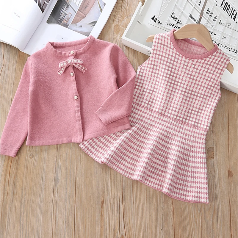 

IENENS Girls Dress 2021 Winter Long Sleeve Sweater Coat + Plaid Dress Sweater Knitwear 2pcs Girl's Wedding Wear Party Clothes