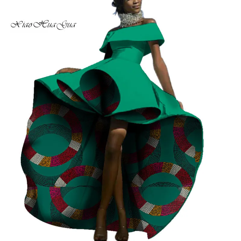 2020 New African Clothes Women Bazin Riche Party Sexy Dresses African Lady Fashion Printed Slash Neck Wedding Clothing WY4439