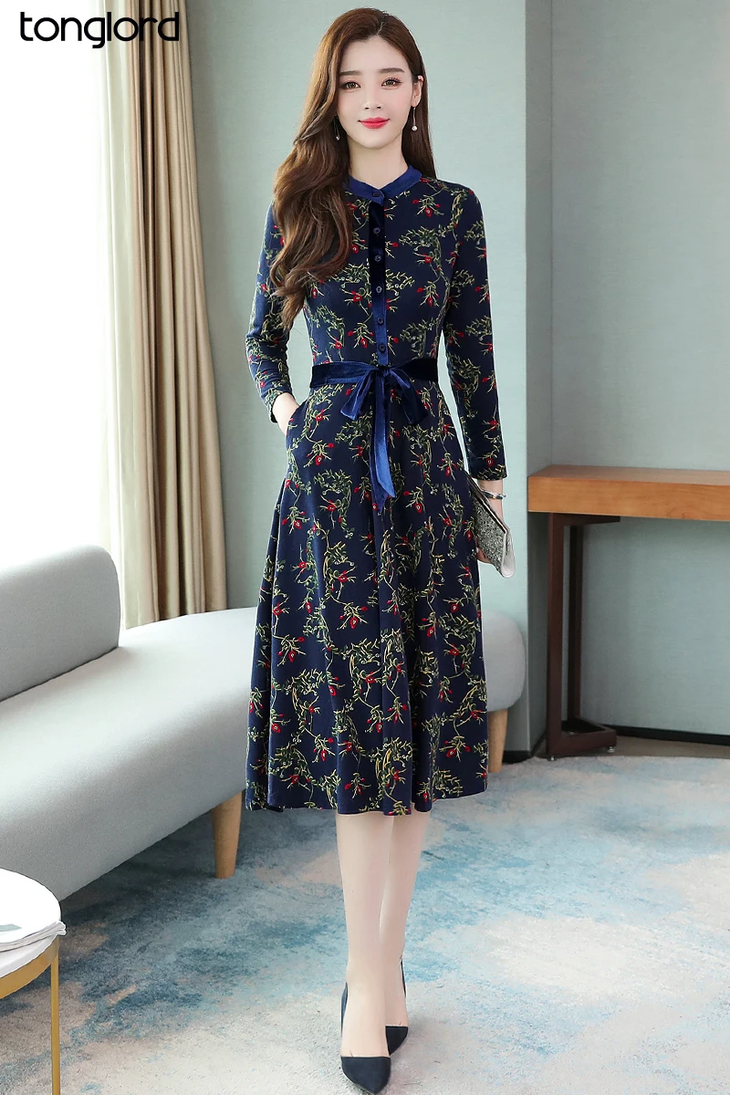 

Tonglord Simple Comfortable and Elegant Printed Dress with Long Sleeves High Waist and Thin Stereoscopic Knitting Long Dresses