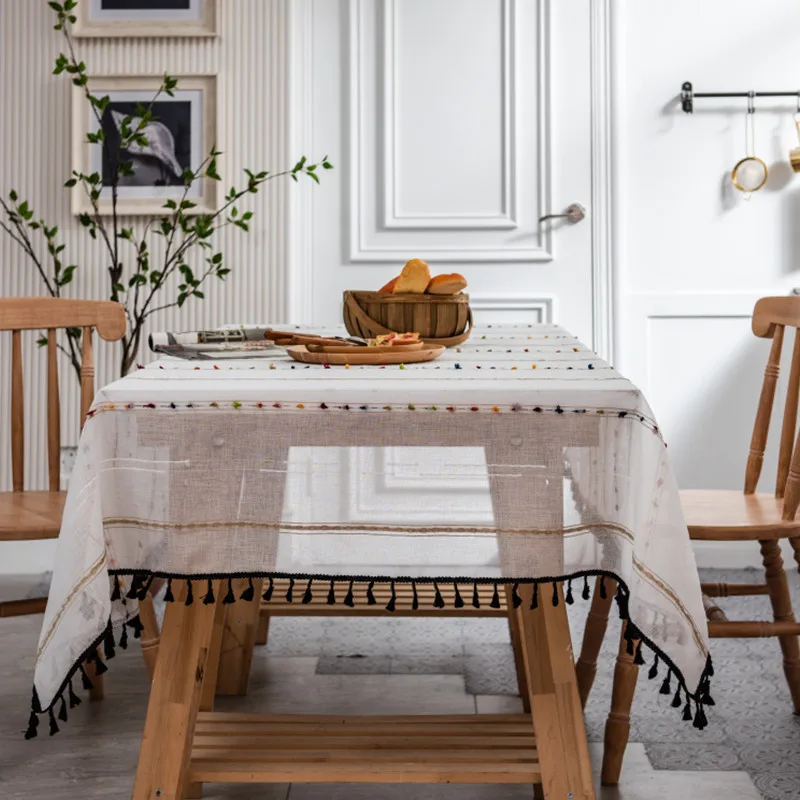 

Black Tassel Jacquard Tablecloth Linen Cotton Rectangular Coffee Table Cover Towel for Dining Table Rainbow Horizontal Stripes