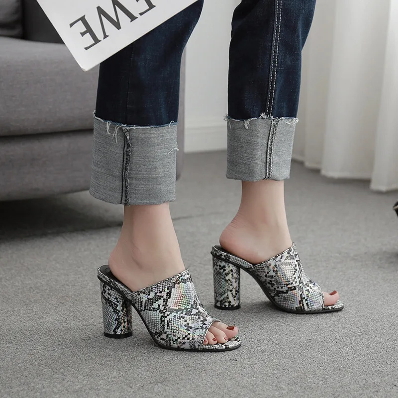 

High-heeled Sandals Women Summer New Peep Toe Snake Print Big Size Chunky Heels Pumps Sexy Shoes Slip-on Height Increasing