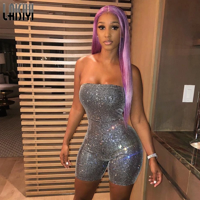 Женский Блестящий однотонный комбинезон LAISIYI без рукавов летний серебристый