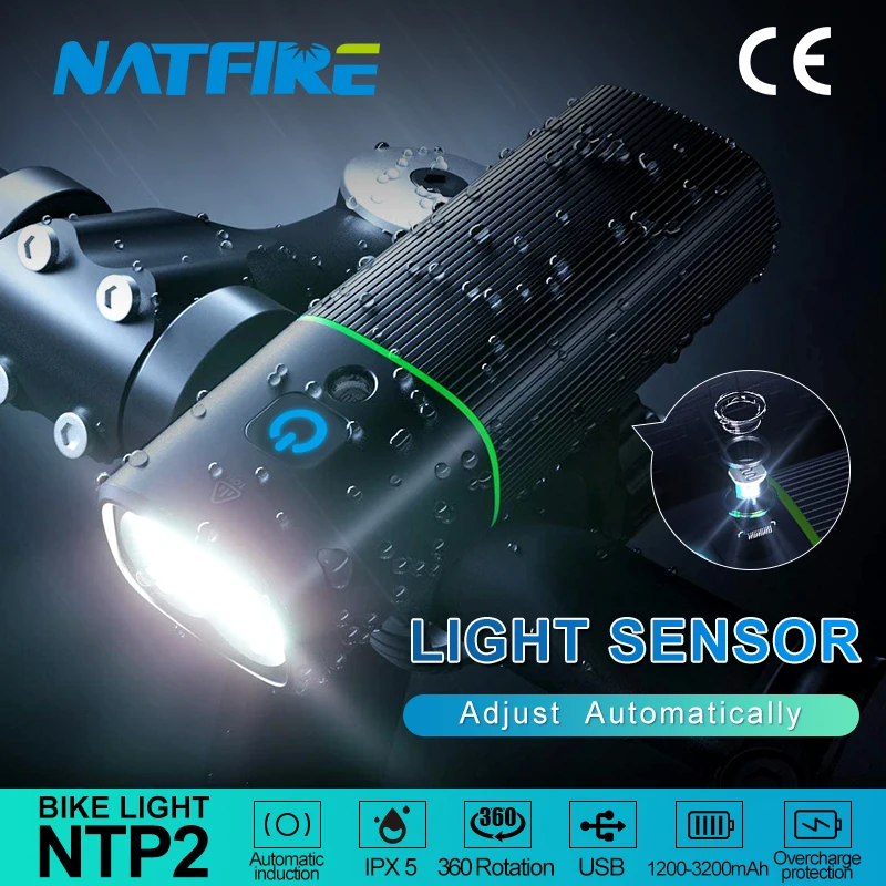 Велосипедсветильник NATFIRE NTP2 с датчиком освещенности, USB, перезаряжаемый, светодиодный передний фонасветильник для велосипеда, фонасветильн...