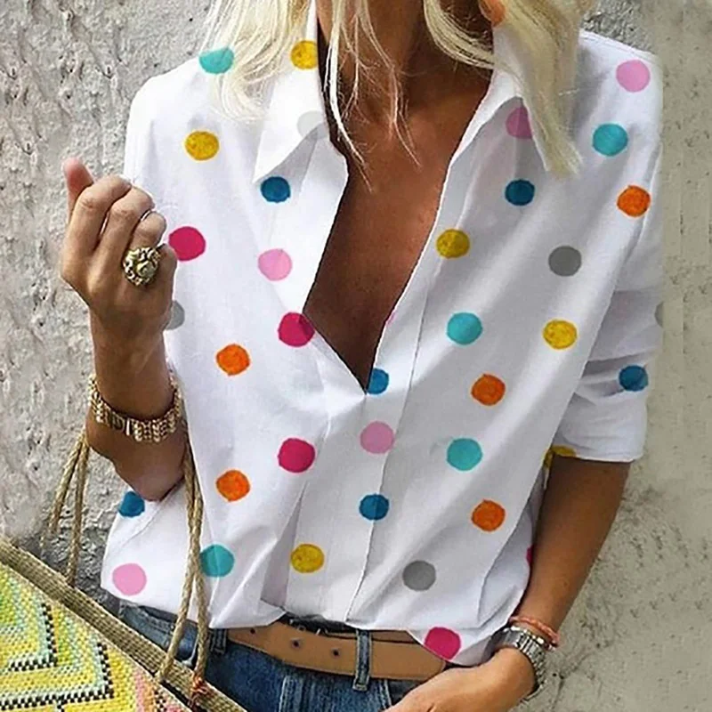 

Dot Print Blouse Women Tops Turn Down Collar Blusas Long Sleeve Shirts Streetwear Woman Top Plus Size 5xl shirt 2021 Autumn