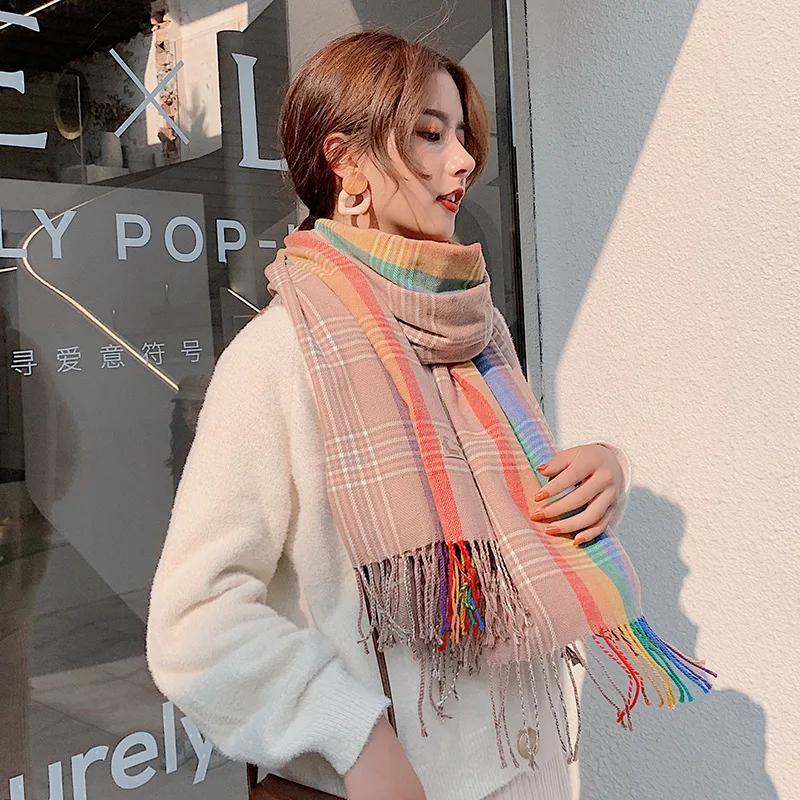 Женский теплый шарф в Корейском стиле зимняя плотная Радужная шаль двойного