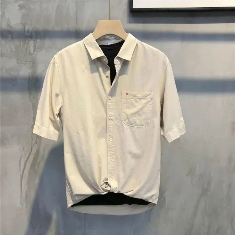 

Summer Men Temperament Lapel Shirt Slim Simple Leisure Short Sleeves Clothes Fashion Male Pure Color Cotton Streetwear Vintage