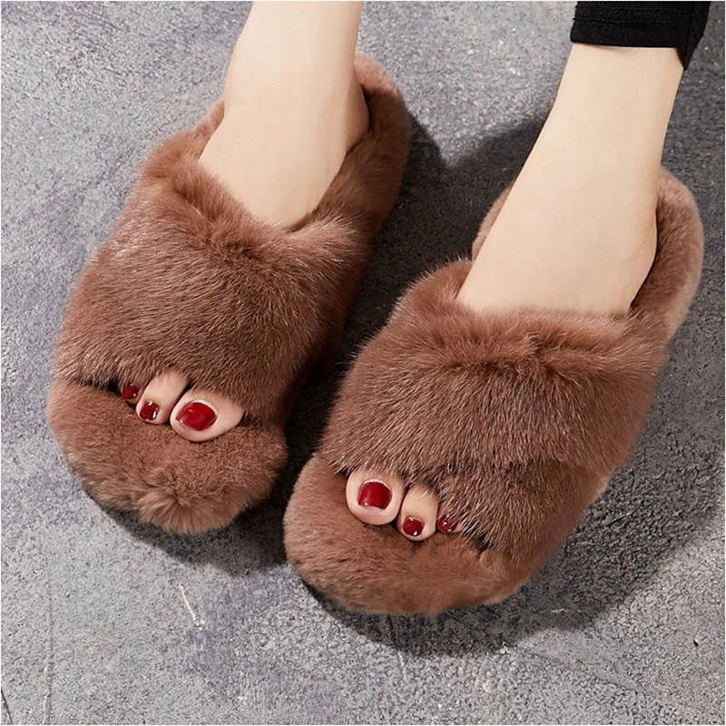 

100% Mink Hair Slippers Women'S Household Rex Rabbit Slippers Women's Flat Slippers Female Fur Slippers