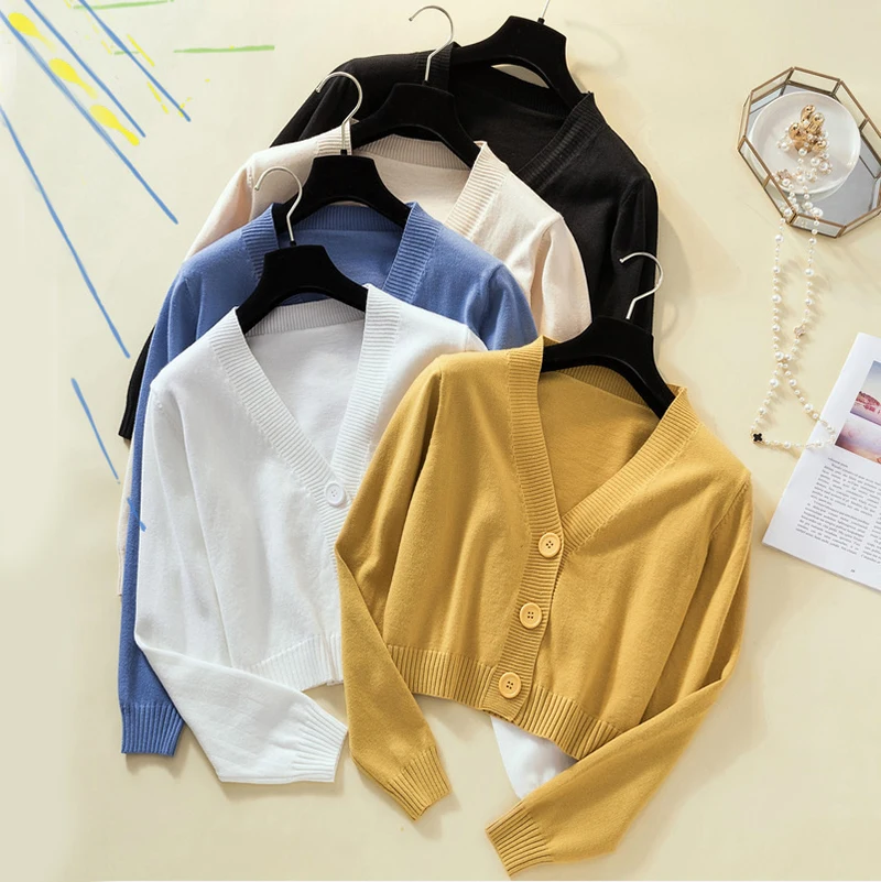 2019 весенний вязаный белый черный кардиган женский на пуговицах с v-образным