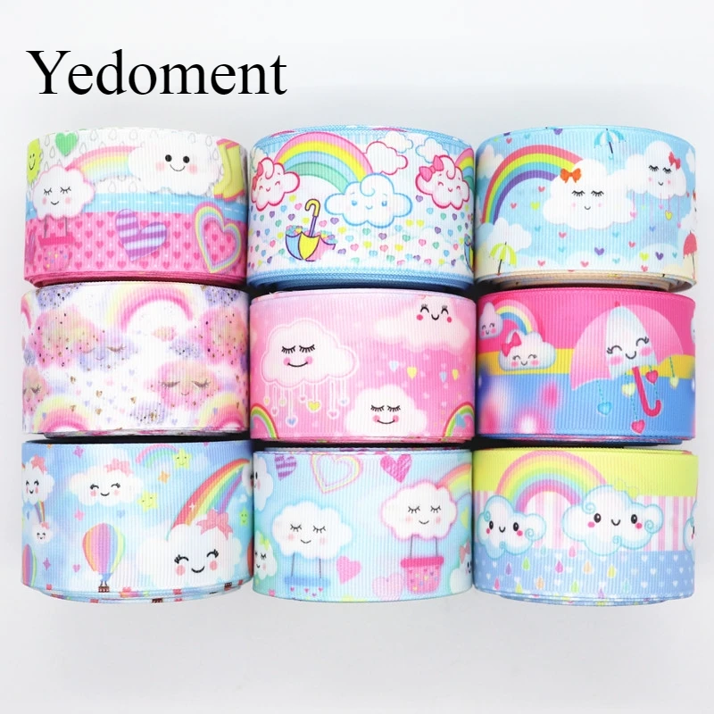 Радужные ленты для волос 10 ярдов 1 5 дюйма (38 мм) с принтом облаков бантов ручной