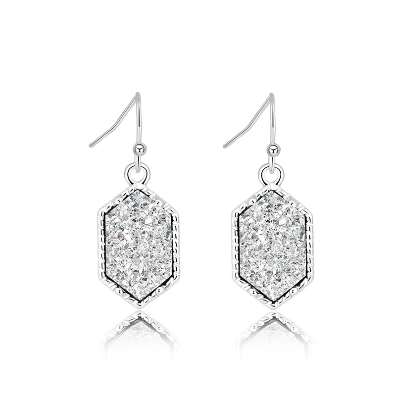 S Silver Drusy шестигранные Висячие серьги, Имитация кристаллов, камни Друза, позолоченные сережки с серебряным покрытием, брендовые ювелирные изделия для женщин - Окраска металла: S Silver