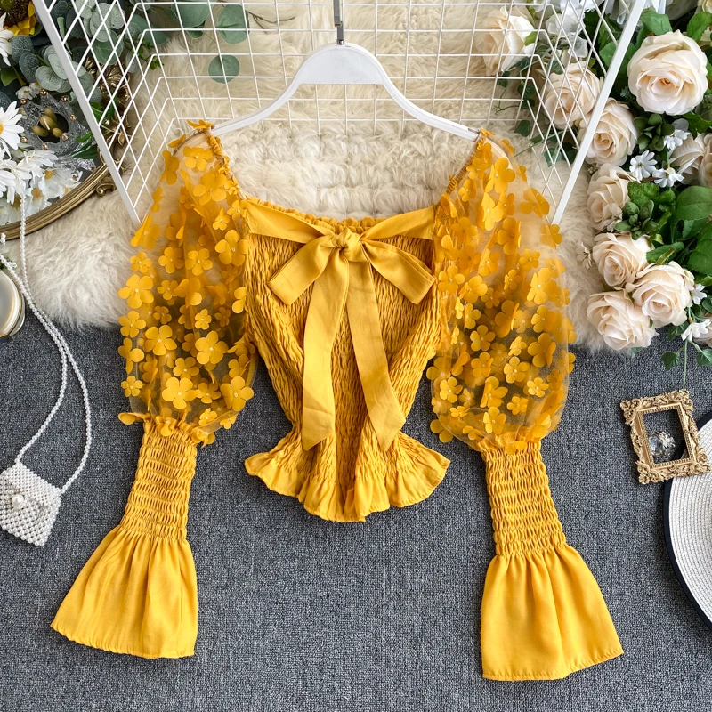 Блузка женская с пышными рукавами французская винтажная сетчатая короткая