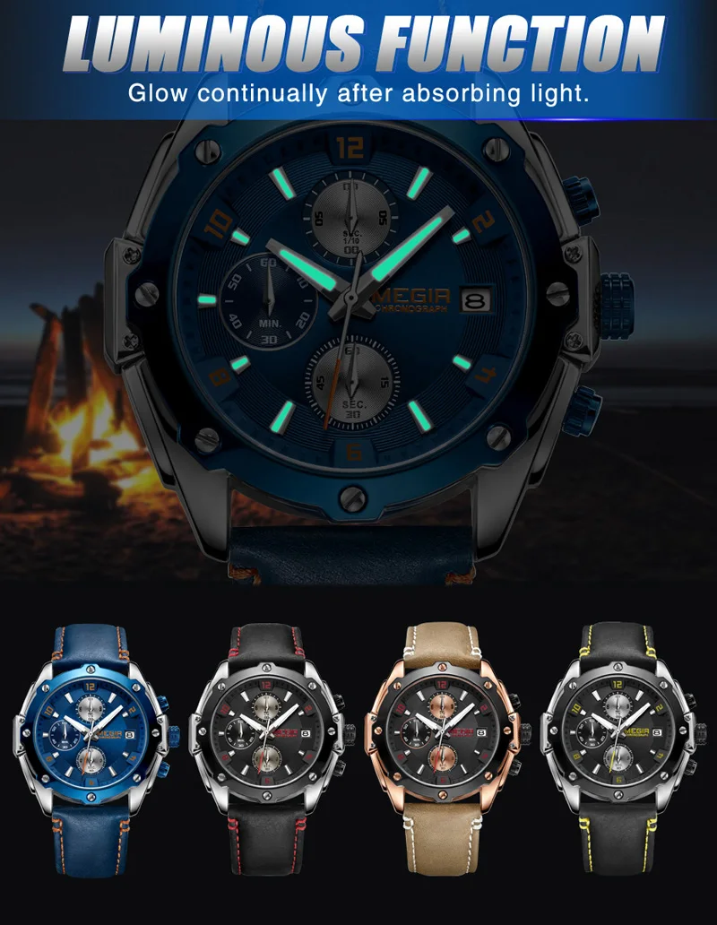 Часы наручные MEGIR мужские с хронографом брендовые Роскошные синие спортивные в