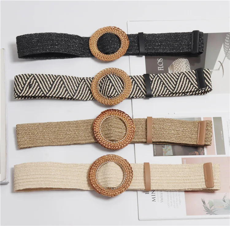 Эластичный плетеный пояс с деревянной пряжкой для женщин высокое качество