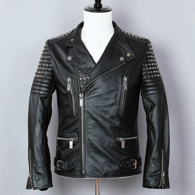 

2019 Fashion Punk Style Metal Rivet Motorcycle Jacket Men Cowskin Genuine Leather Jacket Black Slim Turn-down Collar Biker Coat