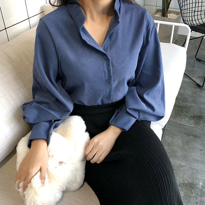 2019 зимняя женская Повседневная Блузка Корейская Осенняя модная Однотонная