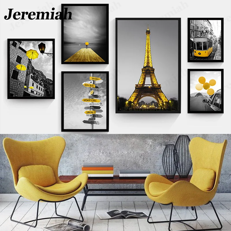 

Nordic Fashion Street Life Canvas Poster European Landscape Picture Print Yellow Style Living Room Decoration Frameless Painting