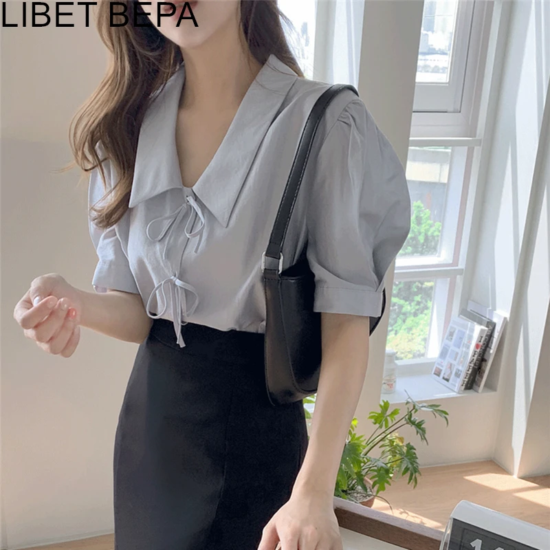 

New 2021 Summer Autumn Women Blouses Turn-Down Collar Lace Up Fashionable Korean Style Elegant Vintage Shirts Wild Tops BL3395A