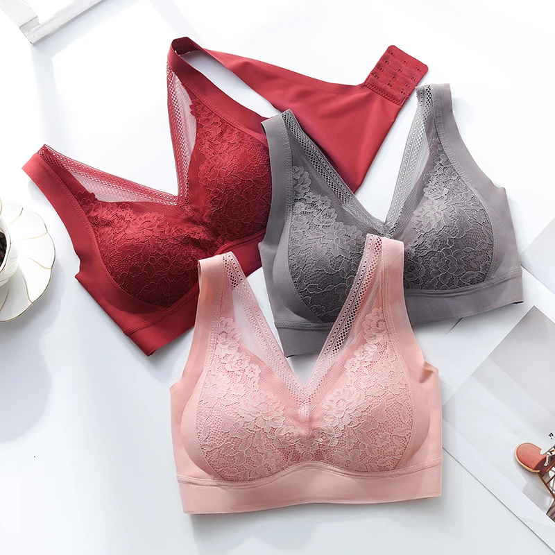 Asha&Vicki Thailand Latex Underwear Women Wide Shoulder Straps Flowers Lace Seamless Breasted Plus Size Bra Widened Side Ratio