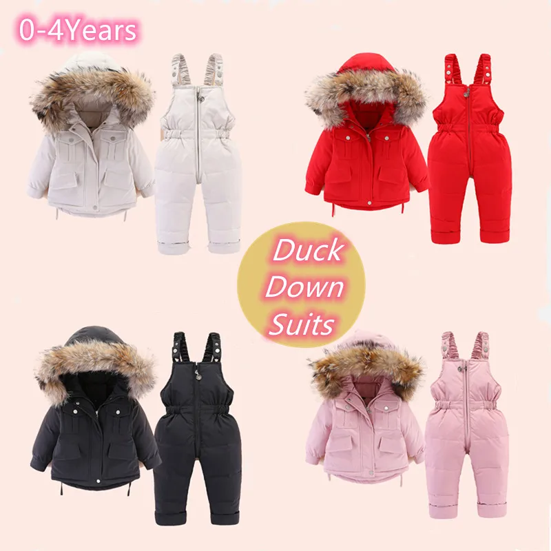 

2021 Winter Infant Snowsuit 0-4Year 2pcs Set Baby Girl Down Jacket and Jumpsuit for Boy Children Thicken Warm Fur Collar Jackets