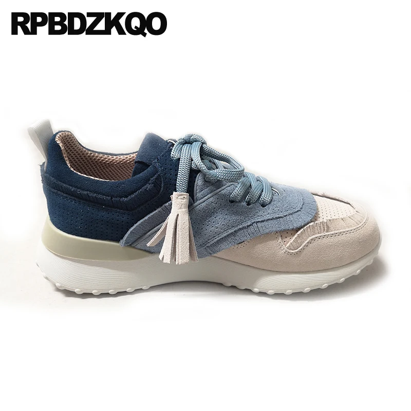 Кроссовки женские синие из натуральной кожи с кисточками на толстой подошве 2021 |