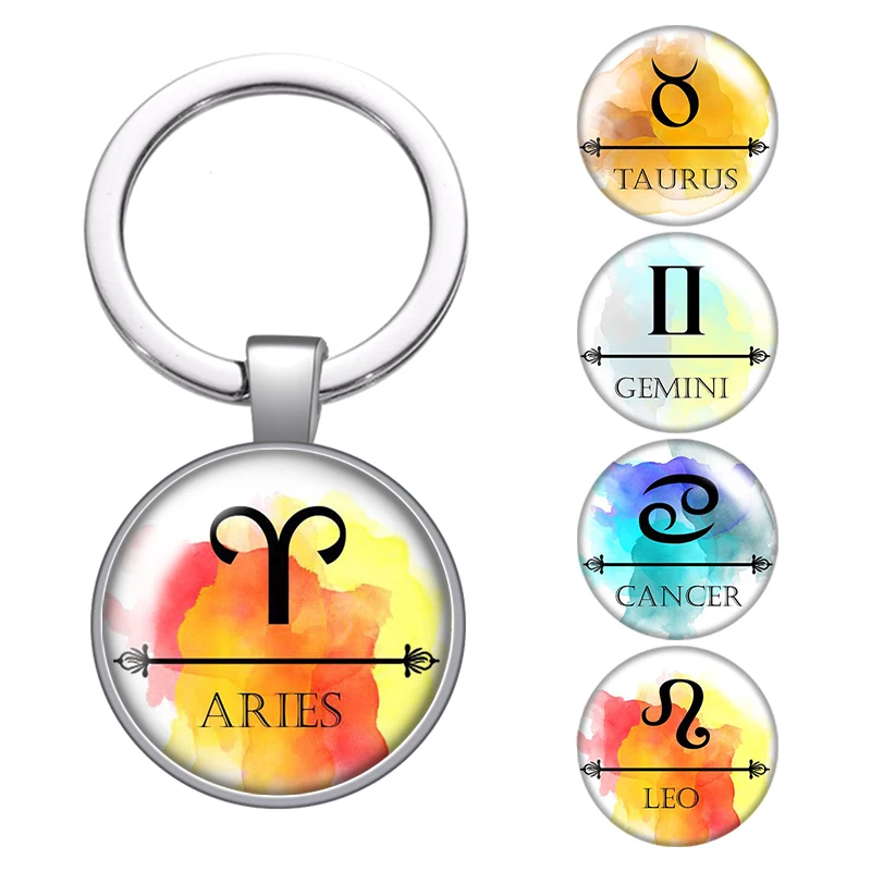 

12 знаков созвездий, брелок из стекла с кабошоном, брелок для автомобильных ключей, кольцо-держатель, подвески серебряного цвета, брелки для ...