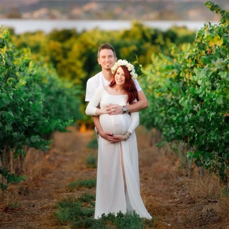 Материнства Платье для Фотосессии Макси СПЛИТ ПЕРЕДНЯЯ Шифон Сексуальная