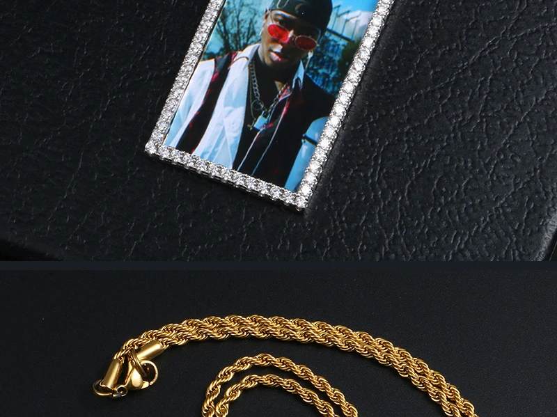 Rectangle Custom Made Photos Medallions Pendant Necklace With AAA Cubic Zircon Rope Cuban Tennis Chain Drop Shipping Gift Box