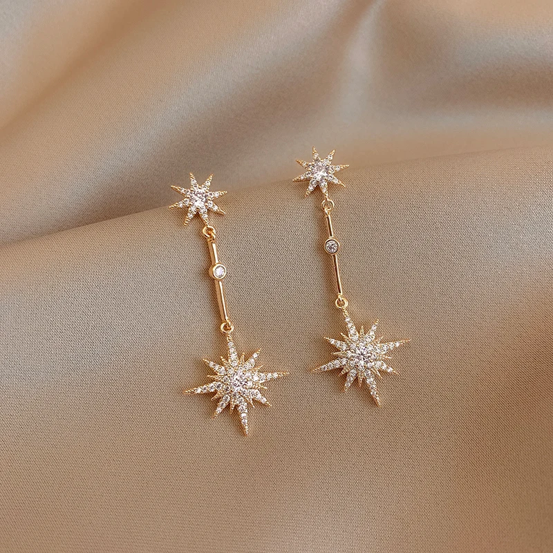 

New Long Rhinestone Earrings French Fine Lucky Eight-Mans Star Earrings Simple Wild Fashion Quality Elegant Tiny Ear Studs