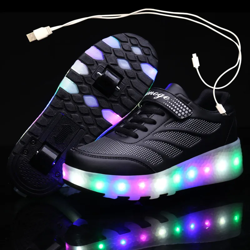 USB Charging Black Two Wheels Luminous Sneakers Led Light Ro