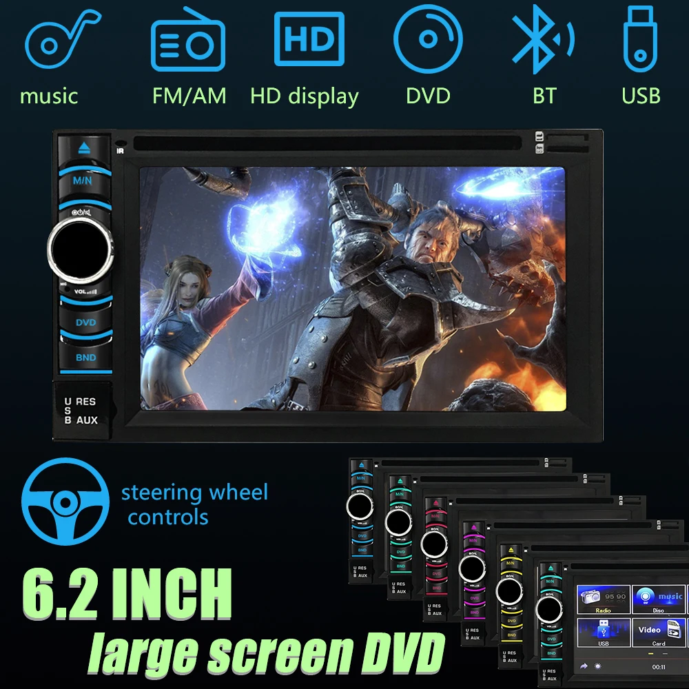 

2 din car radio bluetooth stereo car video player 12V6.2 inch car video player mirror link with rear view camera support DVD