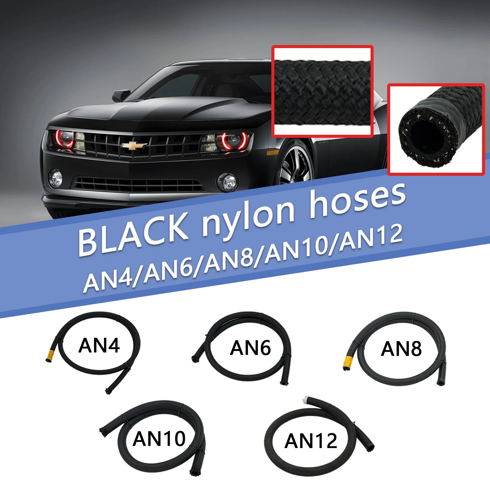 

Racing 1M AN Hose Nylon-Stainless Steel Hose Fuel Line Brake Line Hose Universal Oil Cooler Hose Pipe AN6 Black
