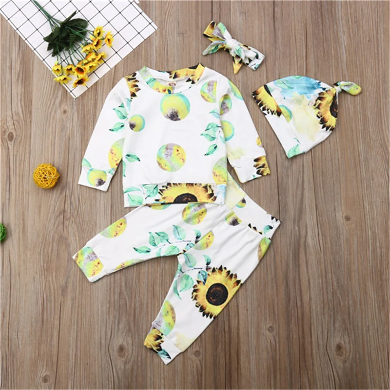 Милый комплект из 4 предметов для новорожденных девочек топы с подсолнухами +