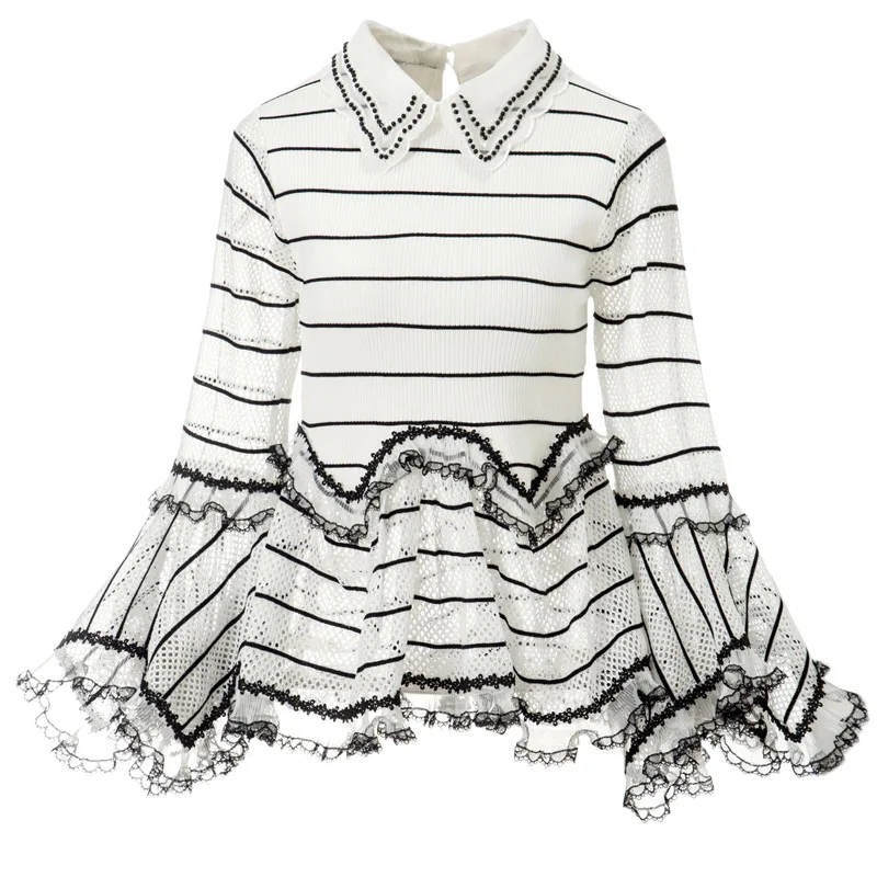 

VANOVICH 2022 Autumn and Winter Women's New Style Lapel Lace Patchwork Butterfly Sleeve Striped Wooden Ear Pullover Sweaters