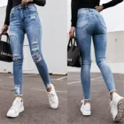 2021 женские джинсы на пуговицах с высокой талией и карманами, эластичные джинсы с отверстиями, элегантные стрейчевые брюки, узкие джинсовые брюки-карандаш Mujer # G4