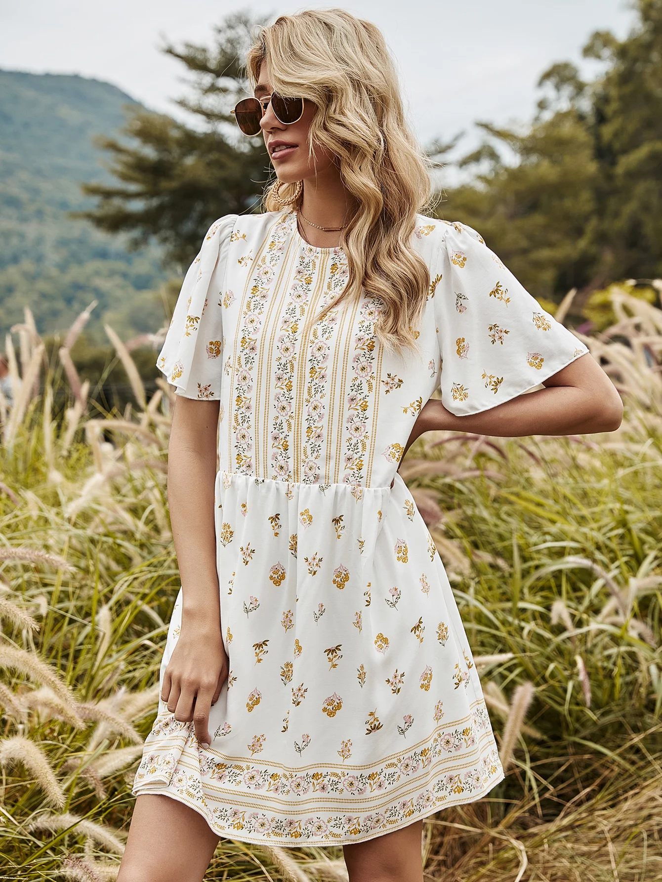 

Women Floral Printing Skirt Mini Loose Dress Summer Beach A-Line Short Ruffle sleeve Empire Ladies Casual Boho Party Vestido