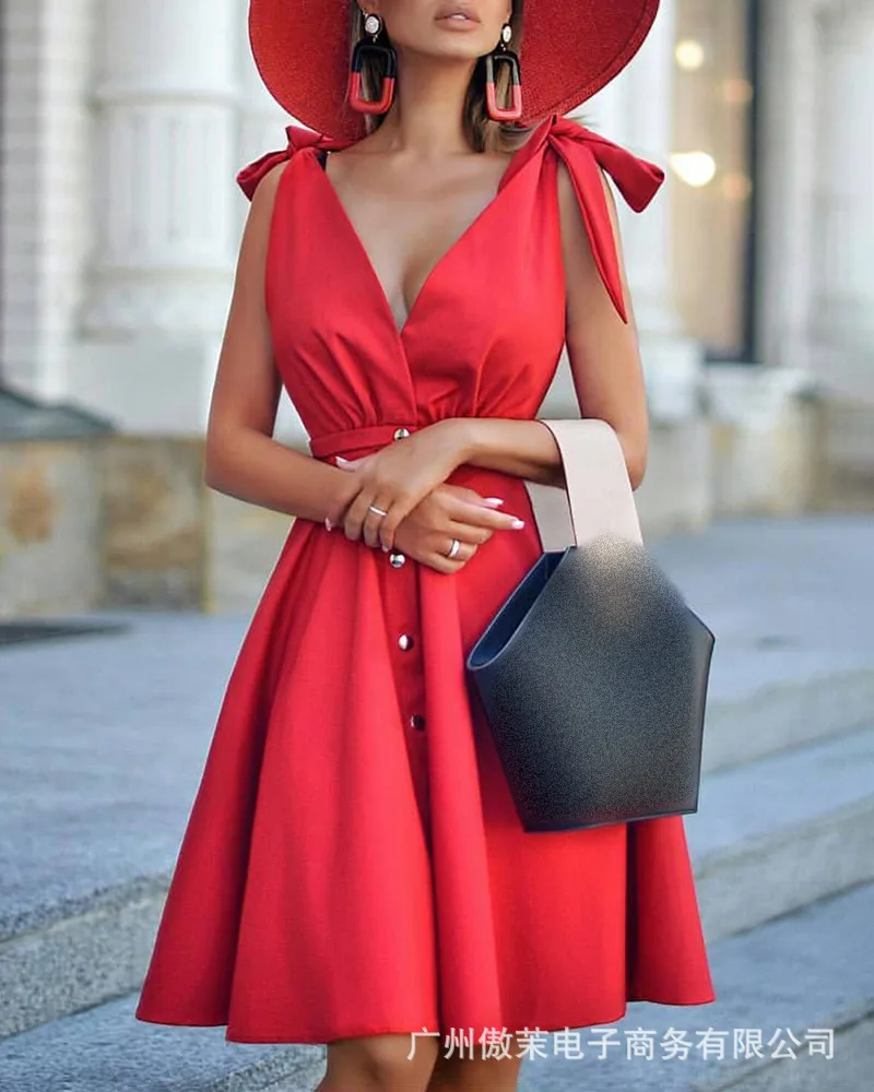 

2021 women's new dress red sexy lace up waist dress