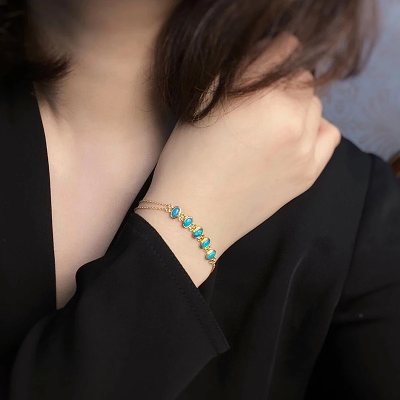 

AINUOSHI 18K Gold Oval Cut 0.35ct Natural Opal Vinatge 5-Gemstone Bracelet For Women Handmade Holiday Gift Jewelry 6.7"
