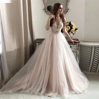 sheer short sleeves lace appliques wedding dress buttons back tulle 2021 women bridal gowns formal beaded robe de mariage spring