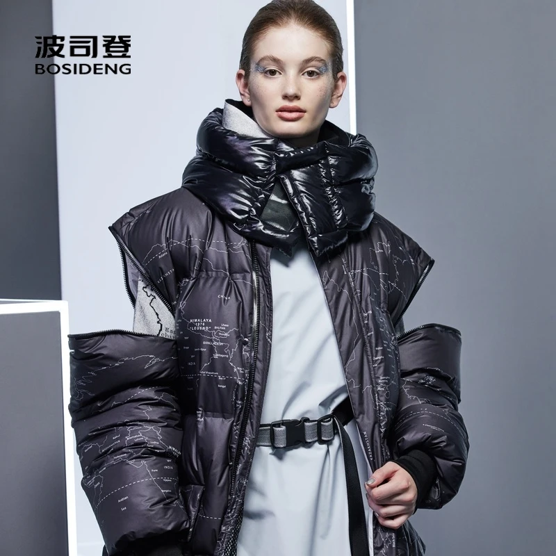 

BOSIDENG down jacket women 90% goose down coat detachable hat detachable sleeves X-LONG PUFFER jacket Fashion Week B90142914