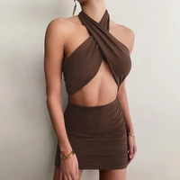 halter solid pleated mini nightclub dress women summer hot sexy party clubwear drawstring little cleavage bodycon backless dress