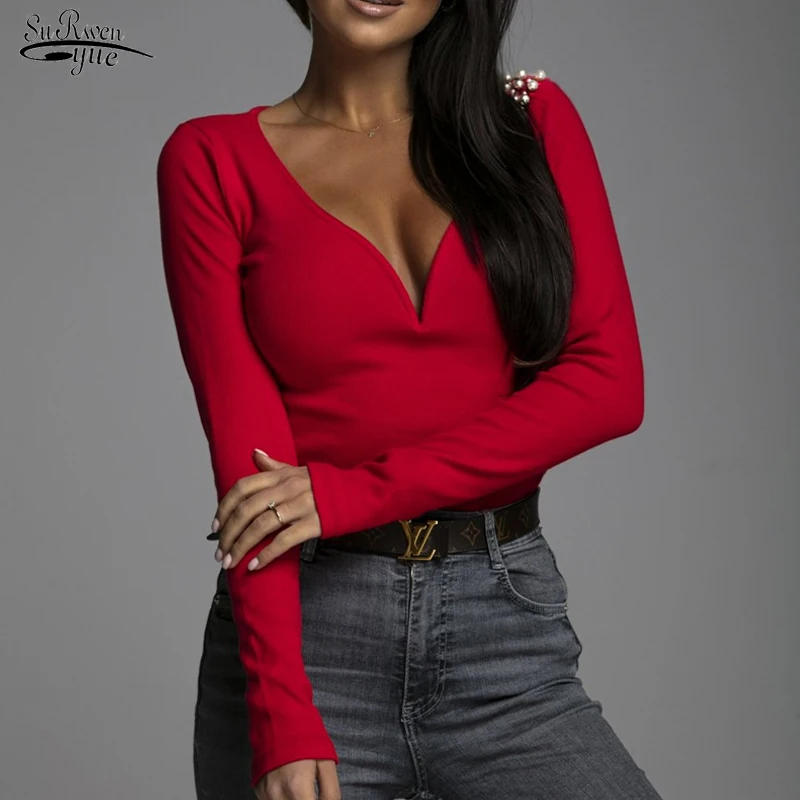 

Spring Fashion Women Blouse V Neck Sexy Long Sleeve Top Women Office Lady Blouses and Shirts Chic Beading Female Clothing 18332