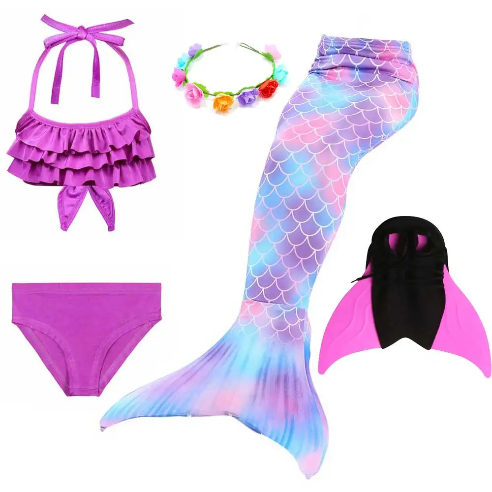 5pcs Set 4 Girls Walkable And Swimmable Mermaid Tail Swimsuit Cosplay Costume Kids Children Bikini And Sparkle Mermaid Swimtail - Цвет: 5pcs Set 4