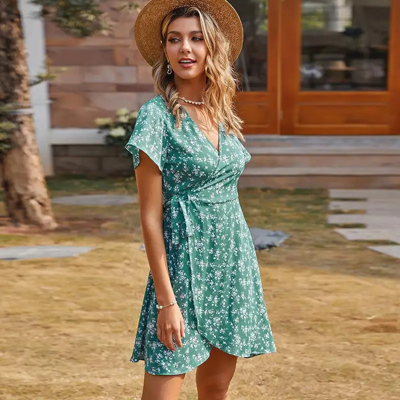 

Женское шифоновое платье с цветочным принтом, милое ТРАПЕЦИЕВИДНОЕ ПЛАТЬЕ с бантом, коротким рукавом, V-образным вырезом и высокой талией, Н...