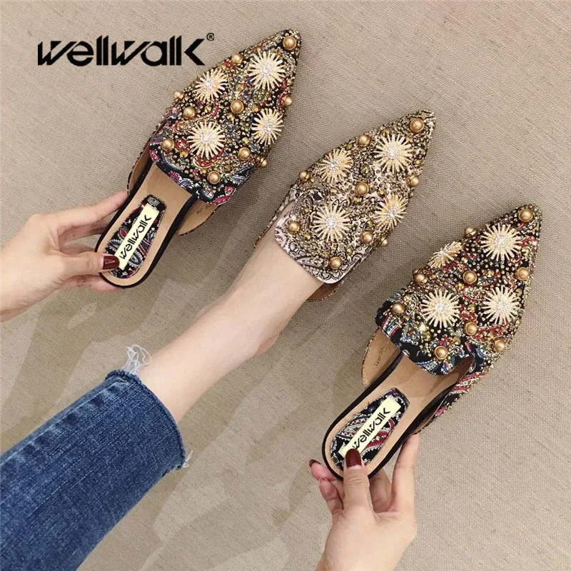 Женские шлепанцы без задника Wellwalk дизайнерские с бусинами роскошные тапки обувь