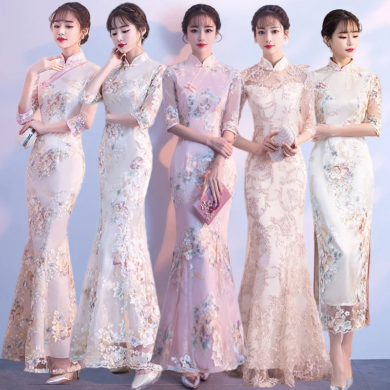 

Lady Slim Embroidery Flowers Chinese Dresses Mermaid Satin Gown Wedding Party Bridesmaid Qipao Dress Formal Prom Gown Oversize