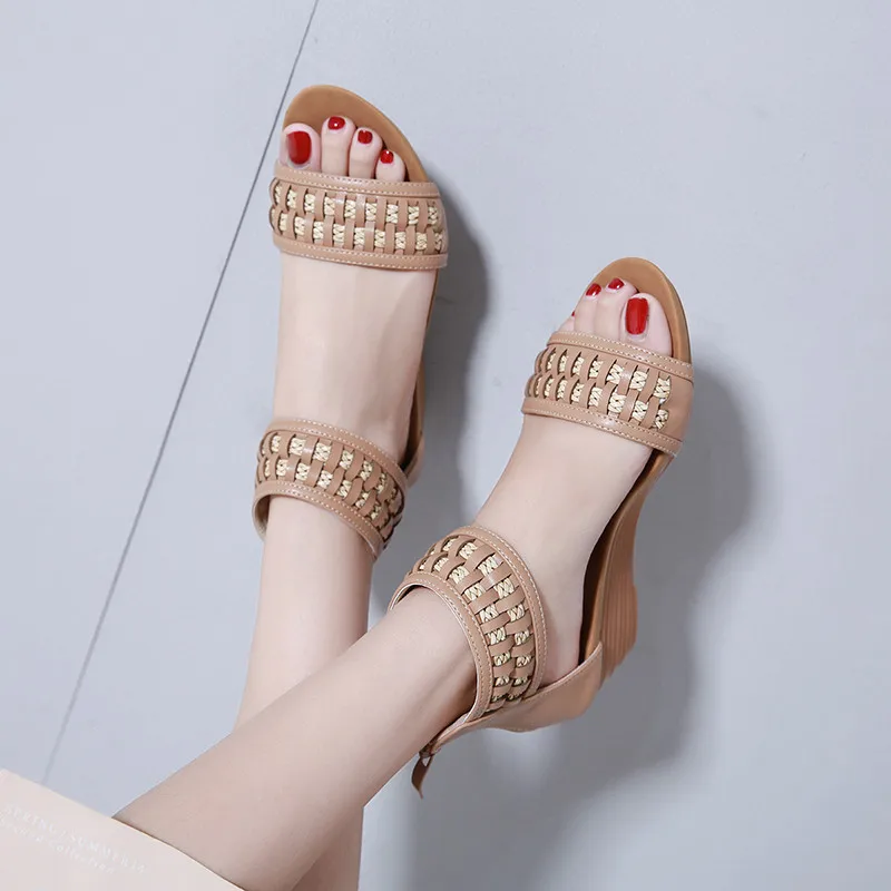 

CEYANEAO Fashion Casual Sandals Women Open Toe Zip Weave Ankle Strap Female Sandal Pu Weave Wedges Shoes Woman Summer Gladiator
