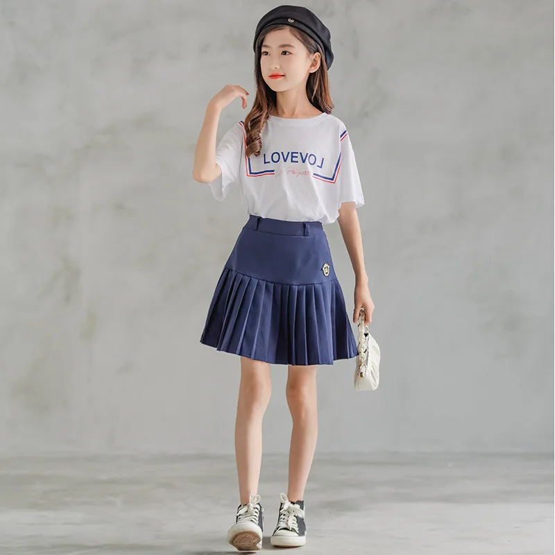 Conjunto de ropa de verano para niñas adolescentes, Camiseta con estampado coreano, falda fruncida, 2 piezas, trajes para niñas de 12 a 14 años, 2022